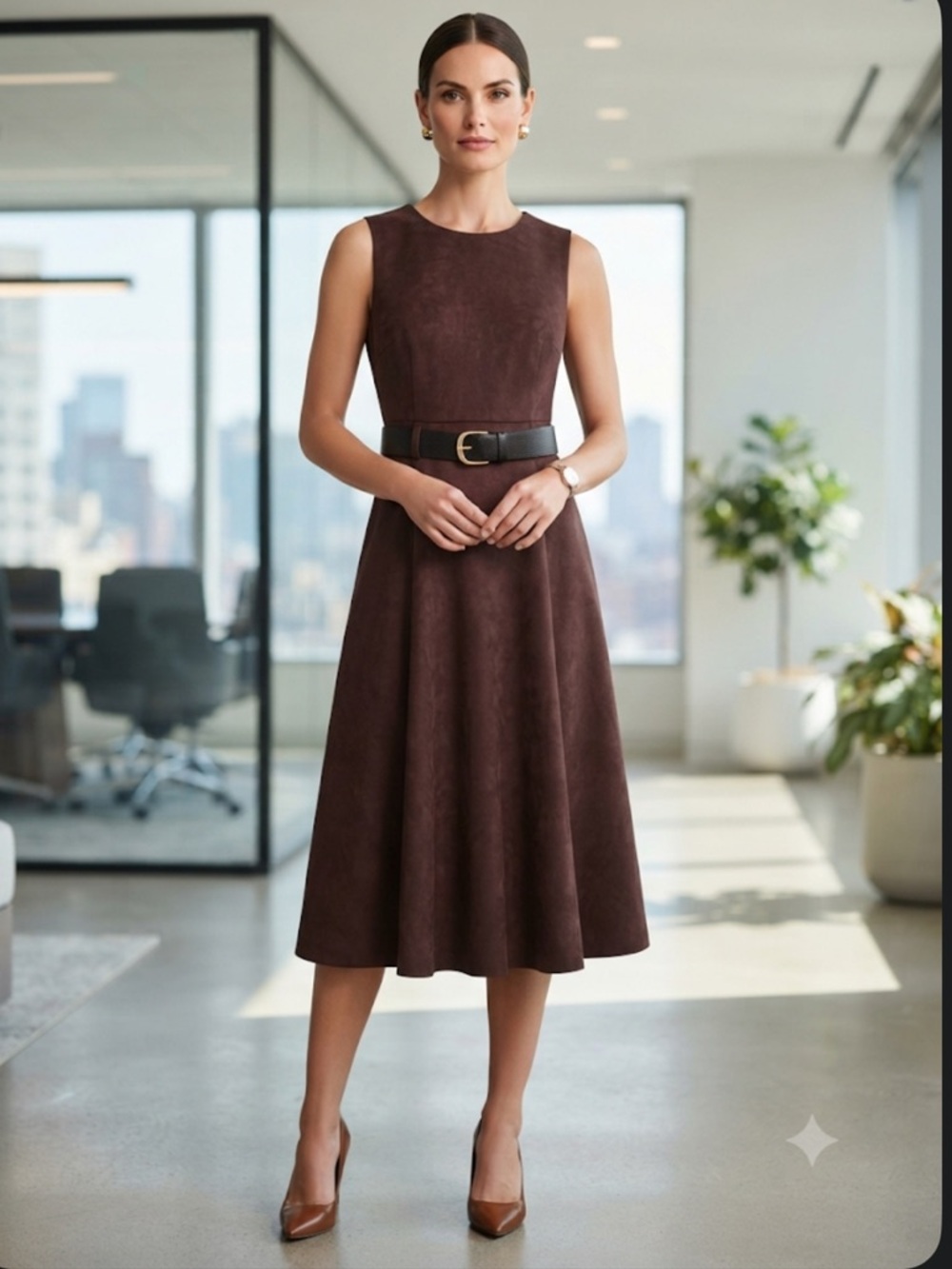 Calvin Klein Brown Faux Suede Belted A-Line Midi Dress Size 6